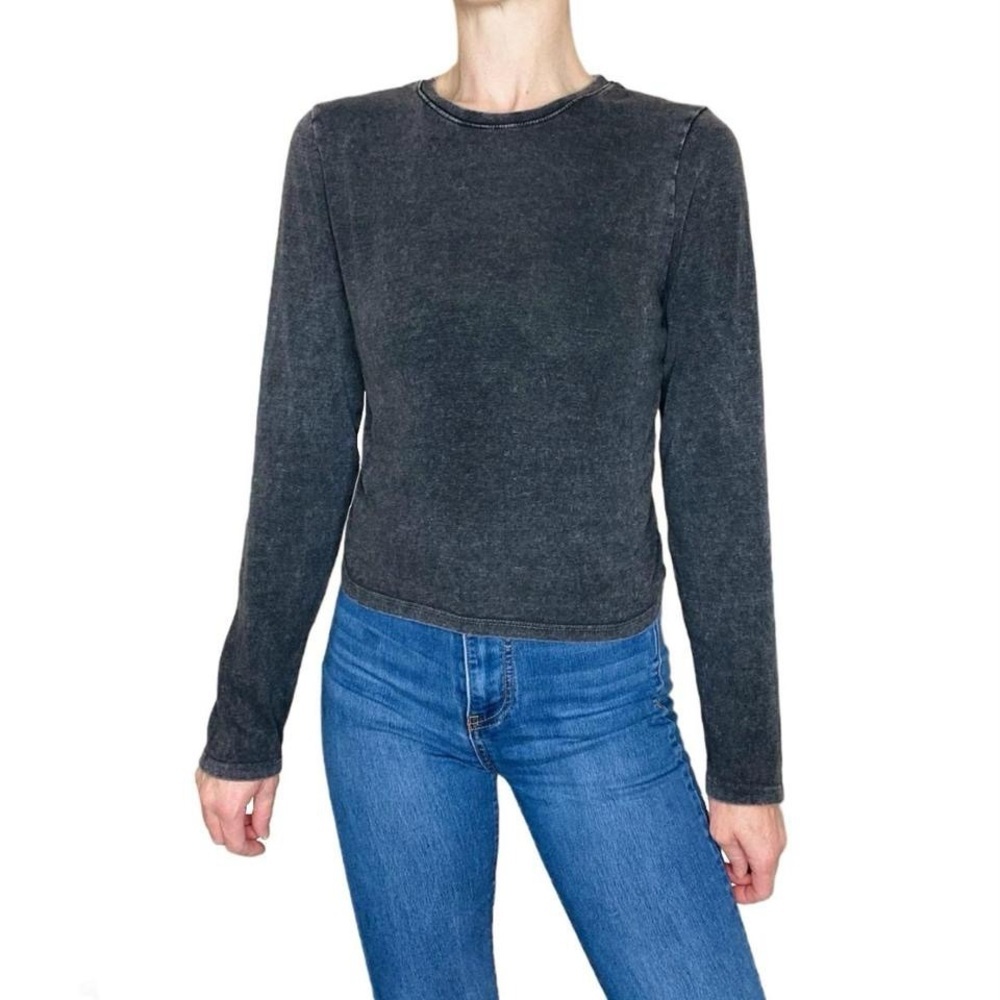 Pull & Bear Basic Black Grey Long Sleeve Cropped Casual Loungewear Tee